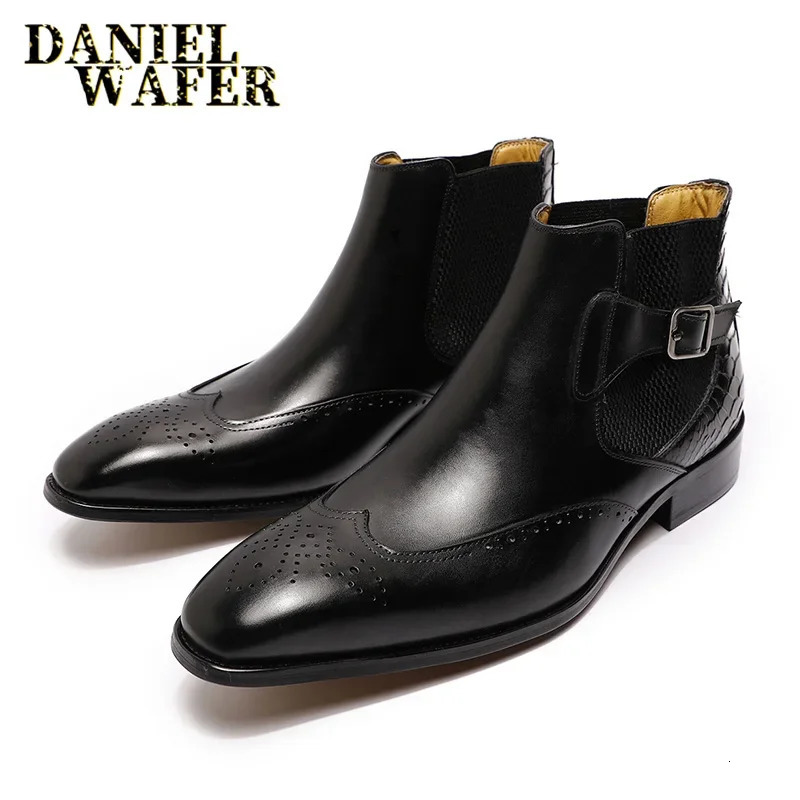 Mens Genuine Leather Chelsea Boots Ankle High Grade Slip-On Buckle Strap Wingtip Brown Black Basic Shoes 250715