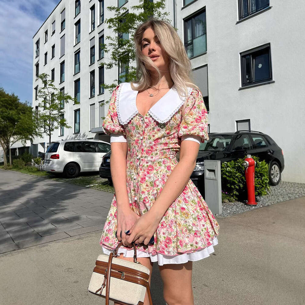 Doll Collar Printed Short Summer Puff Sleeve Single-Breasted Mini Dress For Women B5