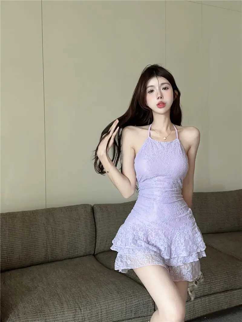 Pure Erotic Halter Neck Backless Lace Splicing Suspender Small Slim and Slim Ruffled Dress R250716