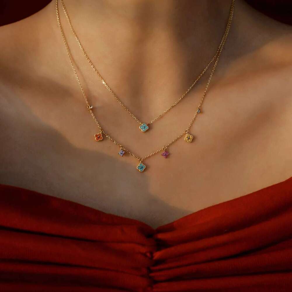 S Pure Sier Lucky Four-Leaf Flower Mini Necklace for Women, Niche Design, French Elegant Colorful Light Gift