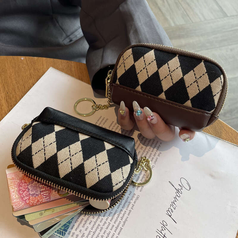 New Trendy Classic Diamond Pattern Multifunctional Women's Lipstick Zipper Coin Purse Key Bag Mini