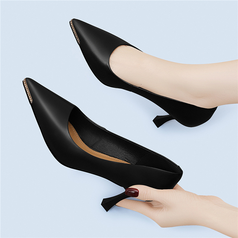 Top Layer Cowhide High Heels for Women 2025 Spring New Fashion Pointed Toe Shallow Mouth Thin Heel Single Commuter Professional Shoes ddmysaturn