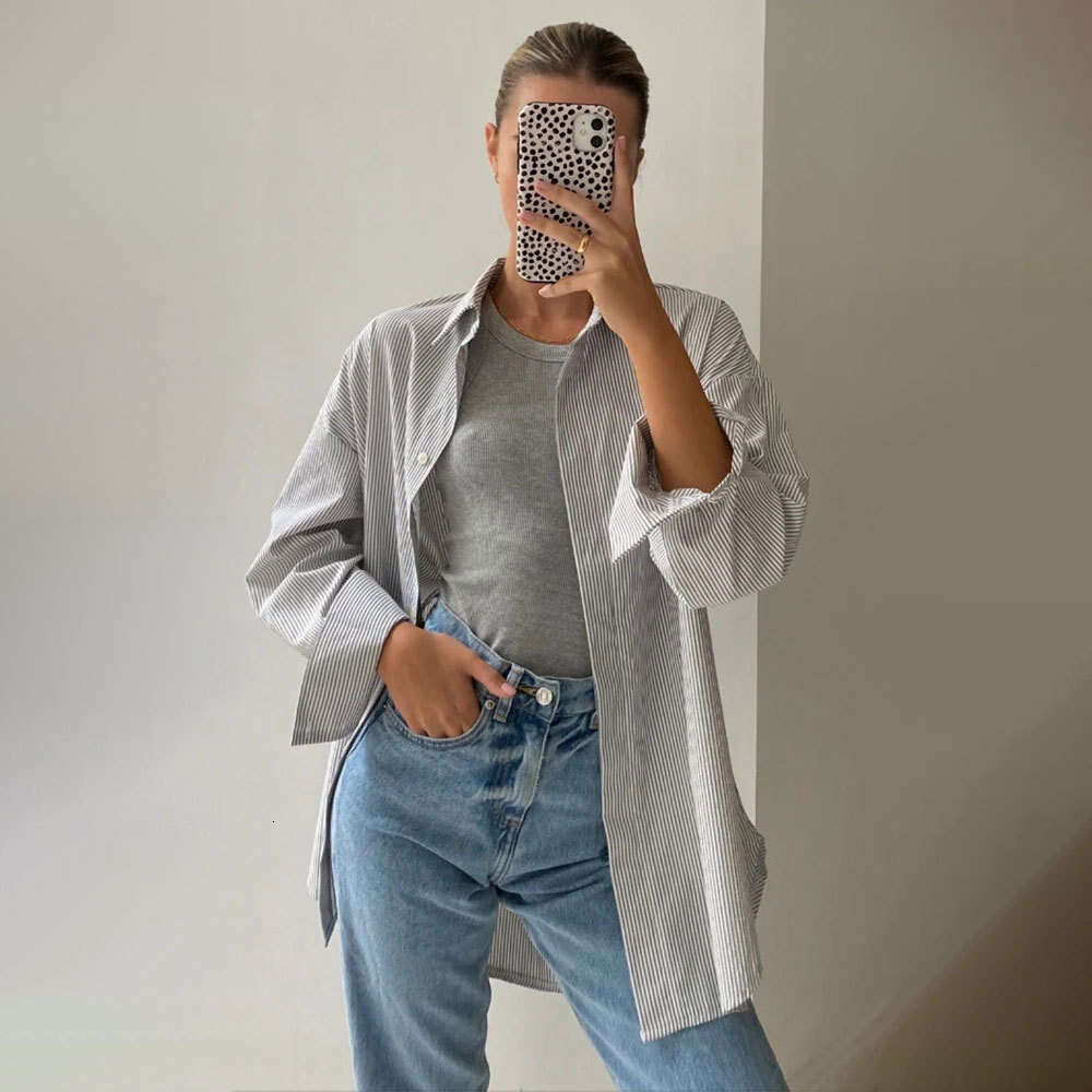 Shirt Summer New Simple High-End Hidden Button Long Sleeve Striped Cardigan B5