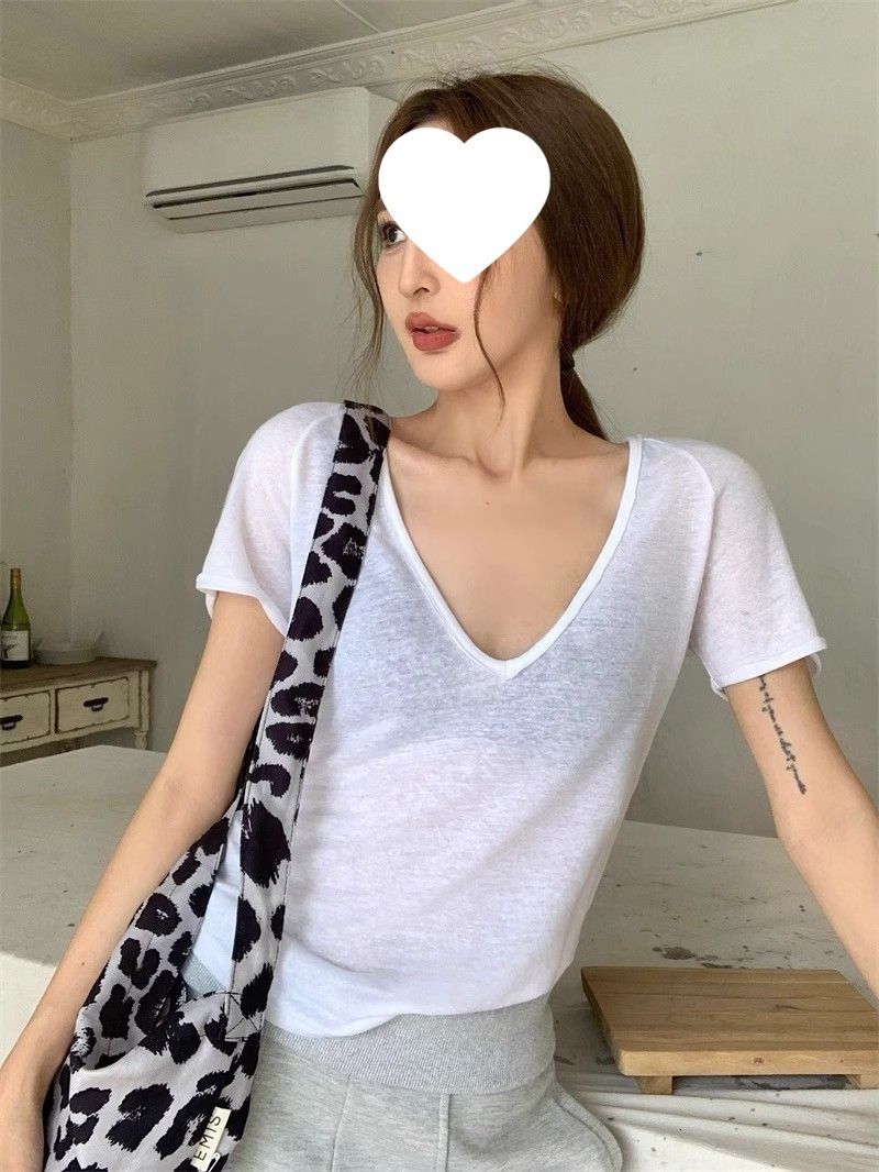 Summer New Women S T Shirt Original Tencel Fabric Thin Slightly Transparent V Neck Short Sleeve T Shirt For Women Slim Fit Casual Base Shirt New Desig