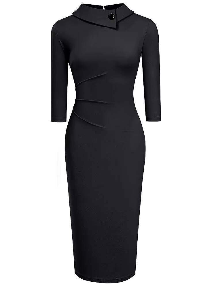 Nice-forever Vintage Elegant Pure Color with Button Office Work vestidos Business Formal Bodycon Women Pencil Dress B574 dongdumaoyi