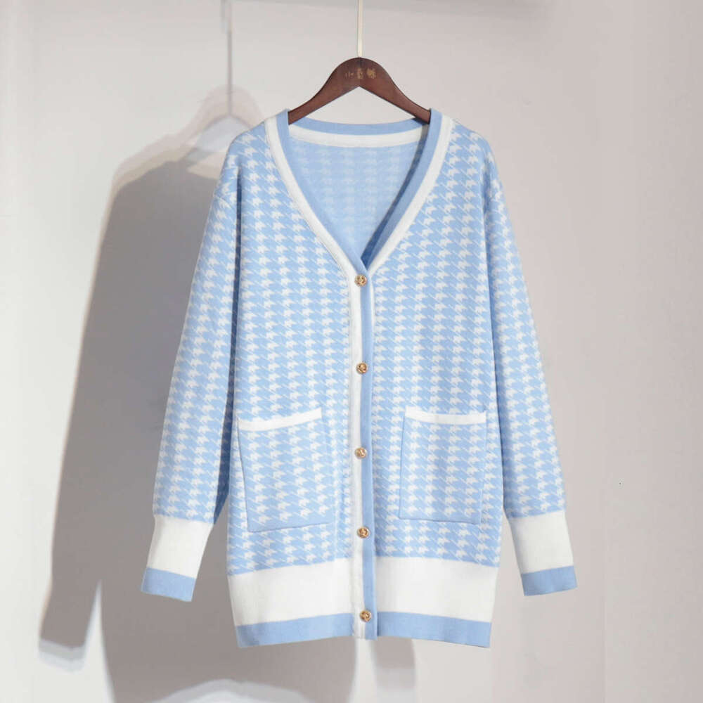 Houndstooth Autumn Winter New Elegant Women's French Loose Sweater Cardigan B5