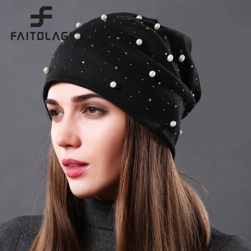 Soft Cotton Autumn Spring Beanie Hat Girls Pearl Rhinestones Warm Skullies Caps Turban Bonnet Hat Female Ladies 250715