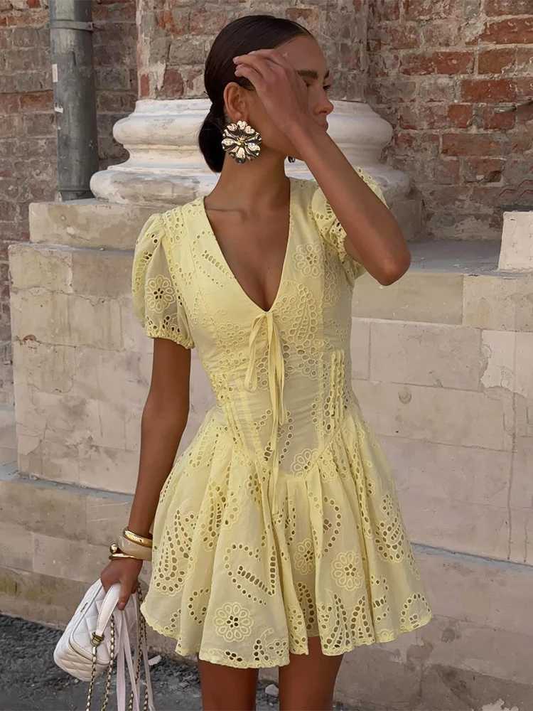 Trendix Yellow Elegant Dress Women Summer Sexy Deep V Neck Lace Up Short Sleeve Dresses Street Casual Vacation Ruffle Mini Dress R250716