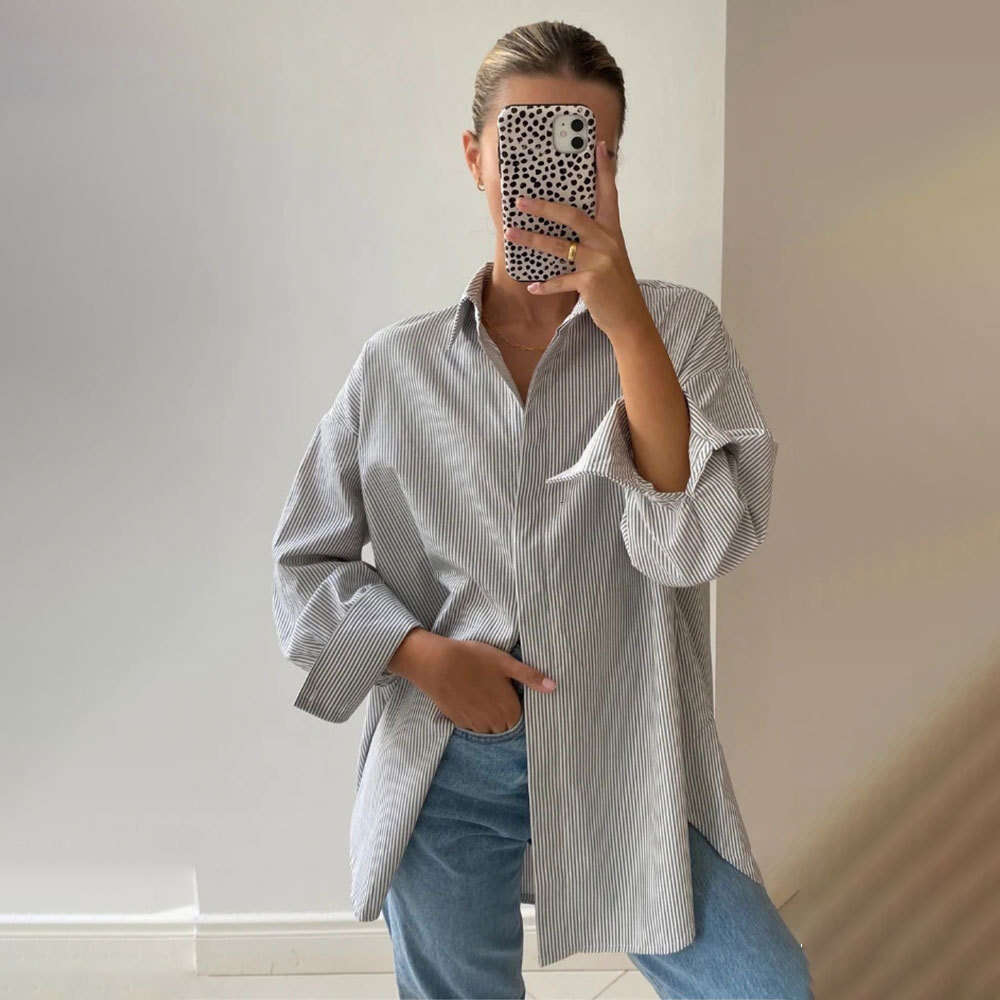 Shirt Summer New Simple High-End Hidden Button Long Sleeve Striped Cardigan B5