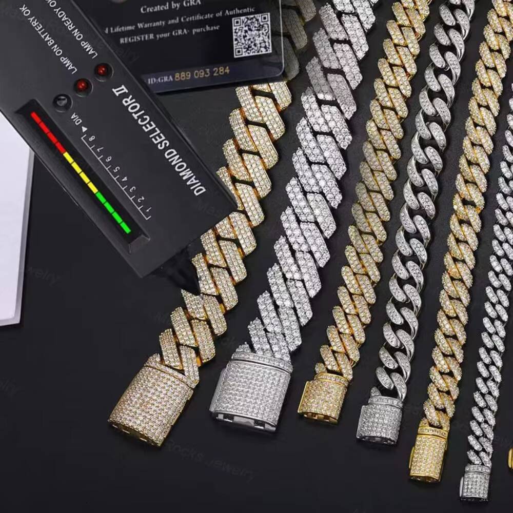 Hip Hop Moissanite Cuban Chain Straight Angle15MM 2 Rows S925 Custom Cuban Link Chain Necklace
