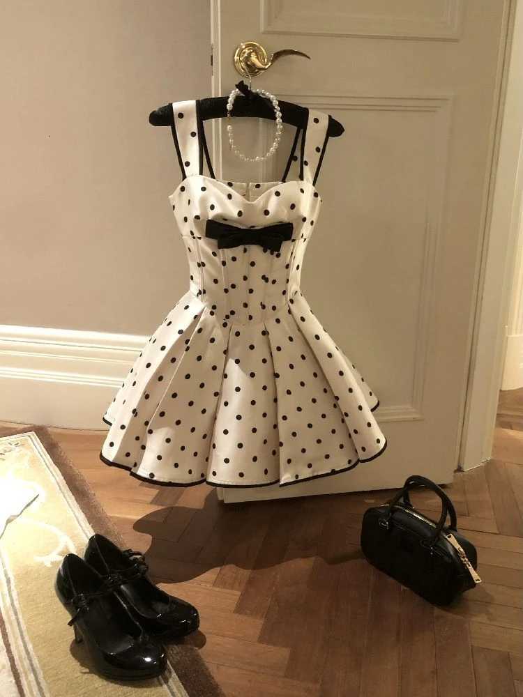 Sweet Wave Point Dress for Women Fashion Summer Sling Robe Femme 2025 Vestidos De Mujer A-line Tunic Pleated Cute Bow Dresses R250716
