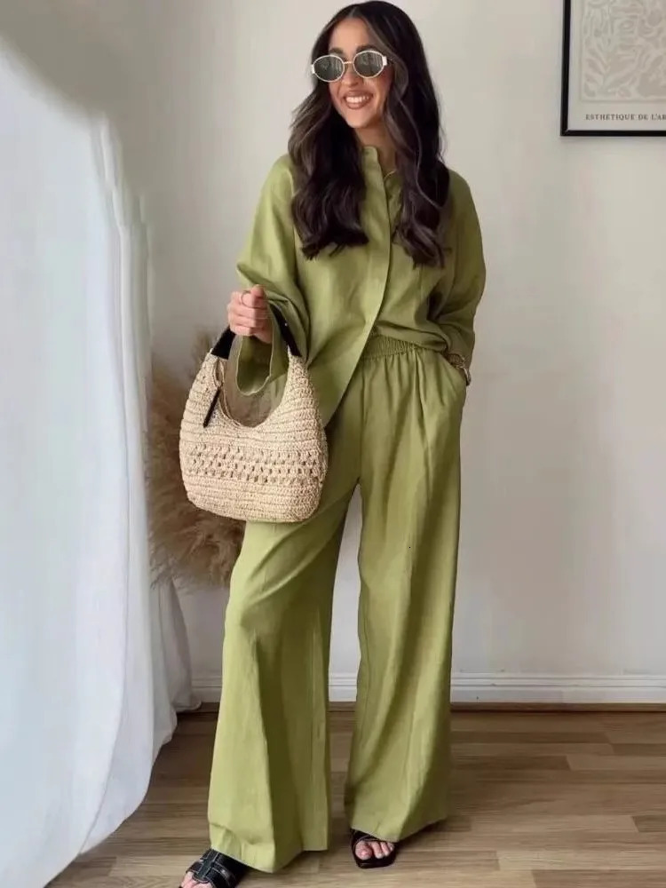 Womens Two Piece Set Solid Color Loose Single-Breasted Shirt Elastic Waist Pocket Folds Decorate Wide Leg Pants 2 Piece Sets 250715