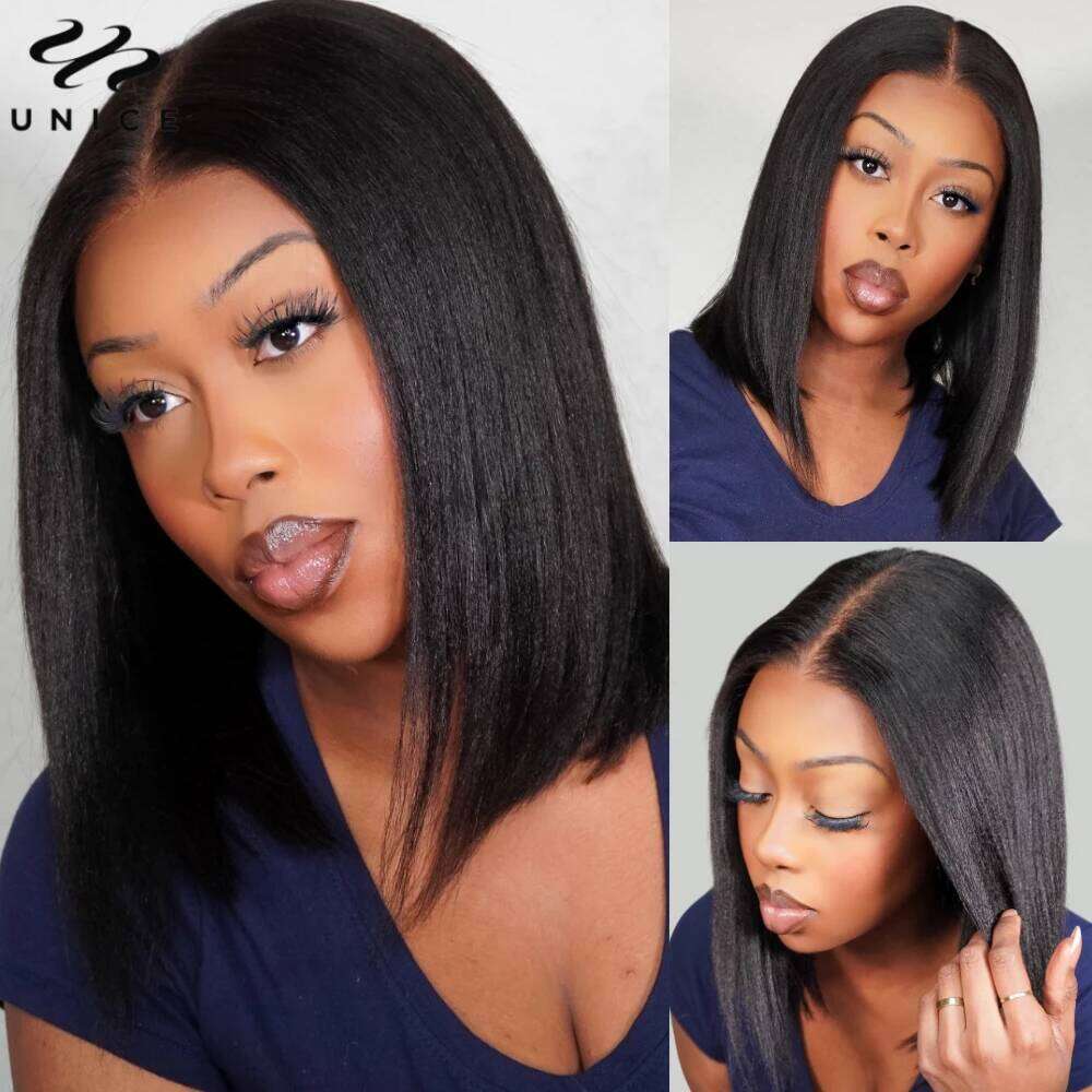 UNice Yaki Straight Bob 7x5/13x4 Cut Bleached Pre Plucked Human Hair Lace Front Wig 150% Density