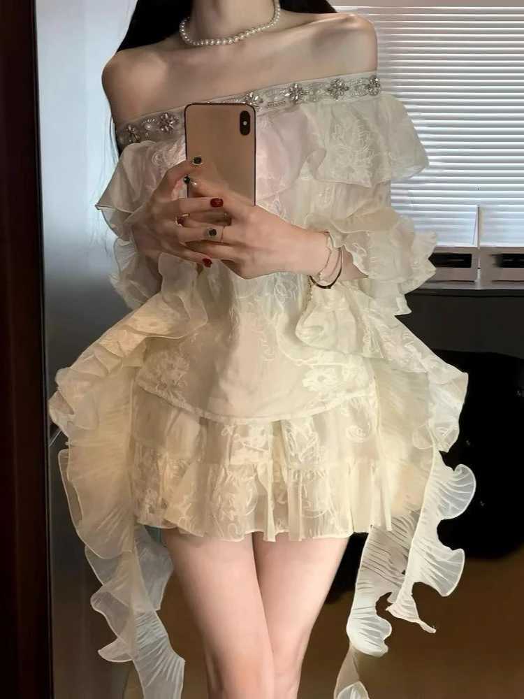 Summer French Elegant Sweet 2 Piece Set Women One Off Shoulder Tops + Fluffy Skirt New Irregular Slim Fashion Fairy Party Suit R250716