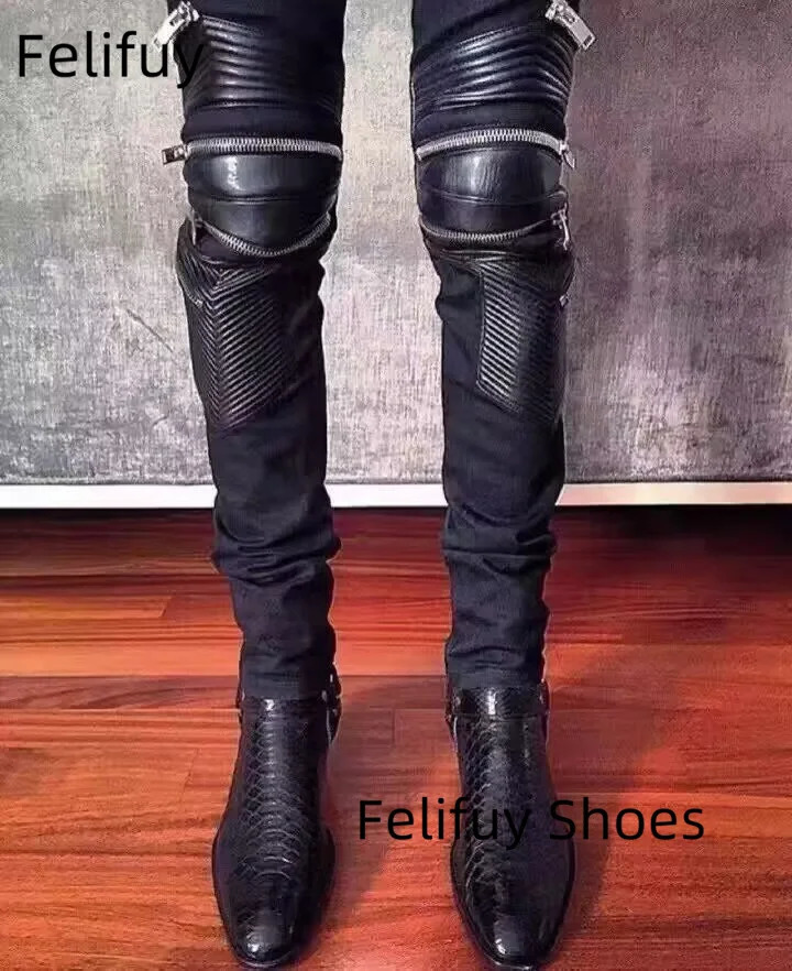 Genuine Leather Black Western Boots Snakeskin Buckle Strappy Men Ankle Boots Flats Trainers Side Zip Sapatos Shoes Men 250715