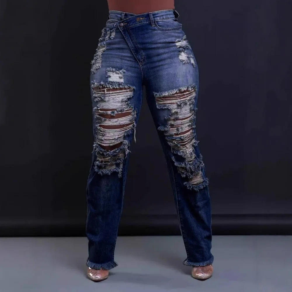 Jeans Ankle Length Women Pencil Denim Hole Pants Ripped Pockets High Waist Jean Skinny Streetwear Button Washed Distressed 250716