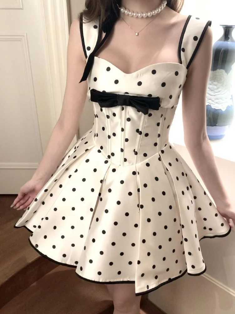 Sweet Wave Point Dress for Women Fashion Summer Sling Robe Femme 2025 Vestidos De Mujer A-line Tunic Pleated Cute Bow Dresses R250716
