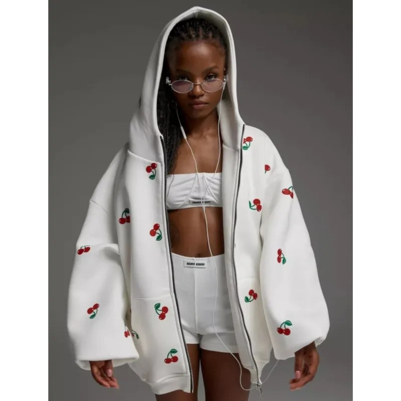 Womens Cherry Printed Sweatshirt Jacket 2025 Autumn Street Style Fashion Trendy Loose Versatile Sports Hoodie Female 250715