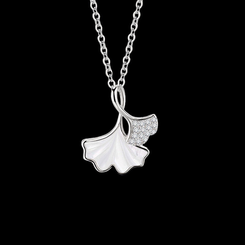 Elegant Ginkgo Leaf Necklace With White Mother - of - Pearl And Rhinestone - Encrusted Accents In Silver Tone Ideal For Daily And Special Occasions fa