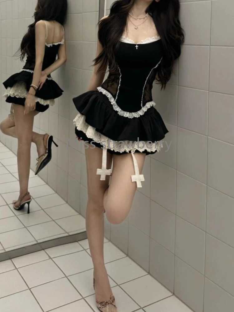 Summer Subculture Lace Patchwork Suit Women High Street Y2k Off-shoulder Tops Gothic Retro Short Thin Skirt Set Outfits R250716