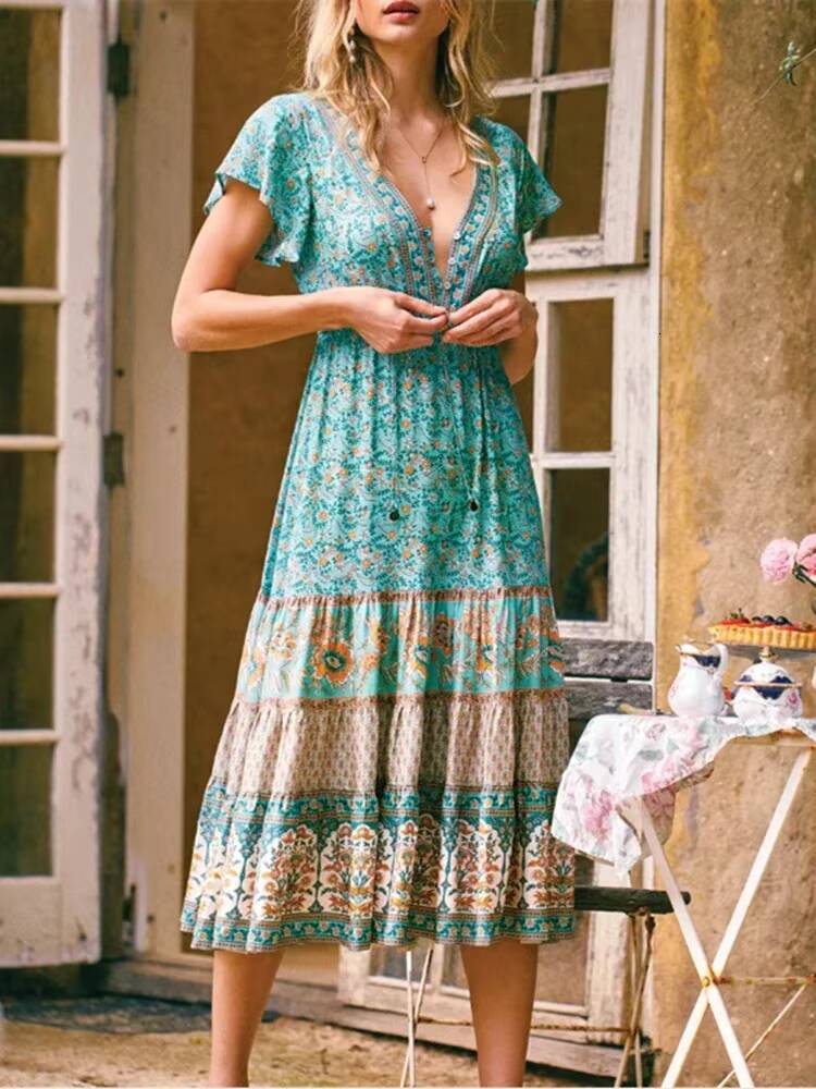 Vintage Chic Women Floral Print Bat Sleeve Beach Bohemian Maxi Dresses Ladies Button V Neck Summer Boho Dress Robe Vestidos dongdumaoyi