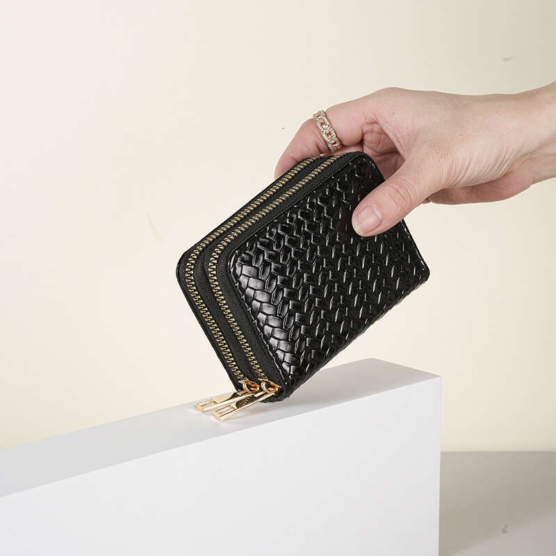 Patent Leather Wallet for Women Short Double Zipper Coin Purse with Woven Design and Accordion Card Holder