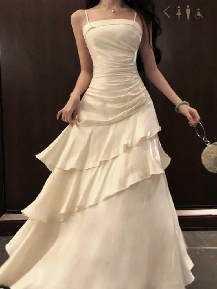 French Elegant Ruffles Sling Womens Mermaid Dresses Prom Gown Soild Zipper Tierred Shoulder Dress 2025 Summer Chic New Vestidos R250716
