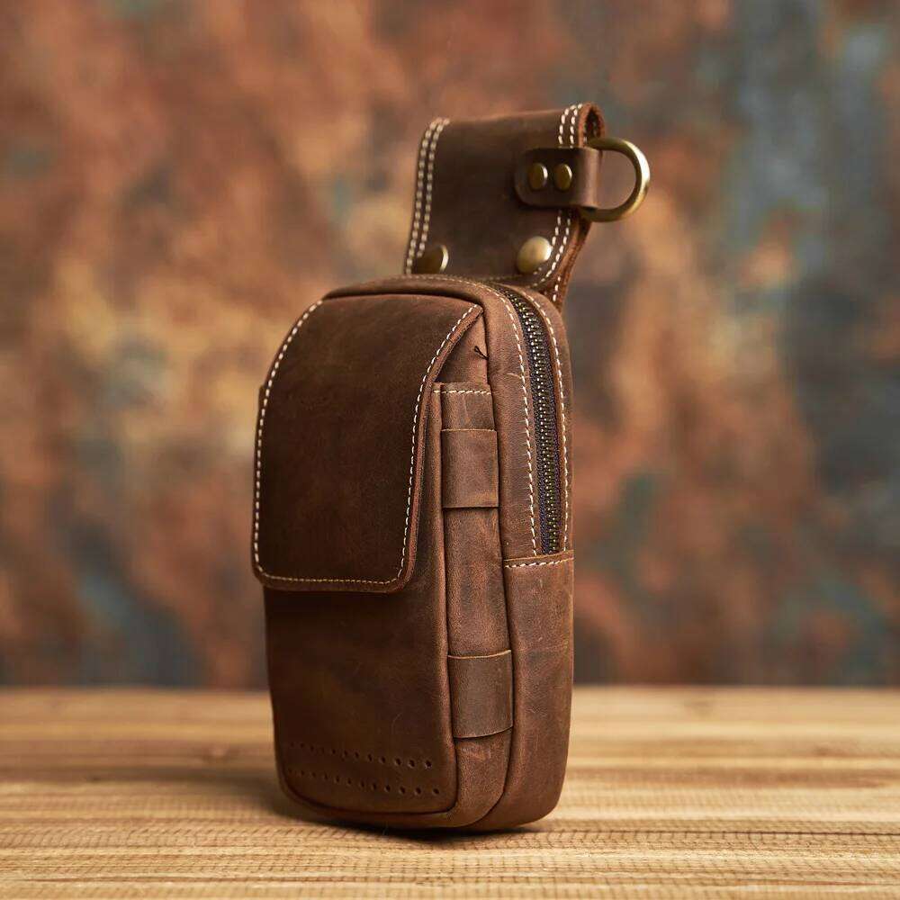 Genuine Leather Men's Multifunctional Mobile Phone Wearable Belt Waist Bag with Key Hanging Buckle
