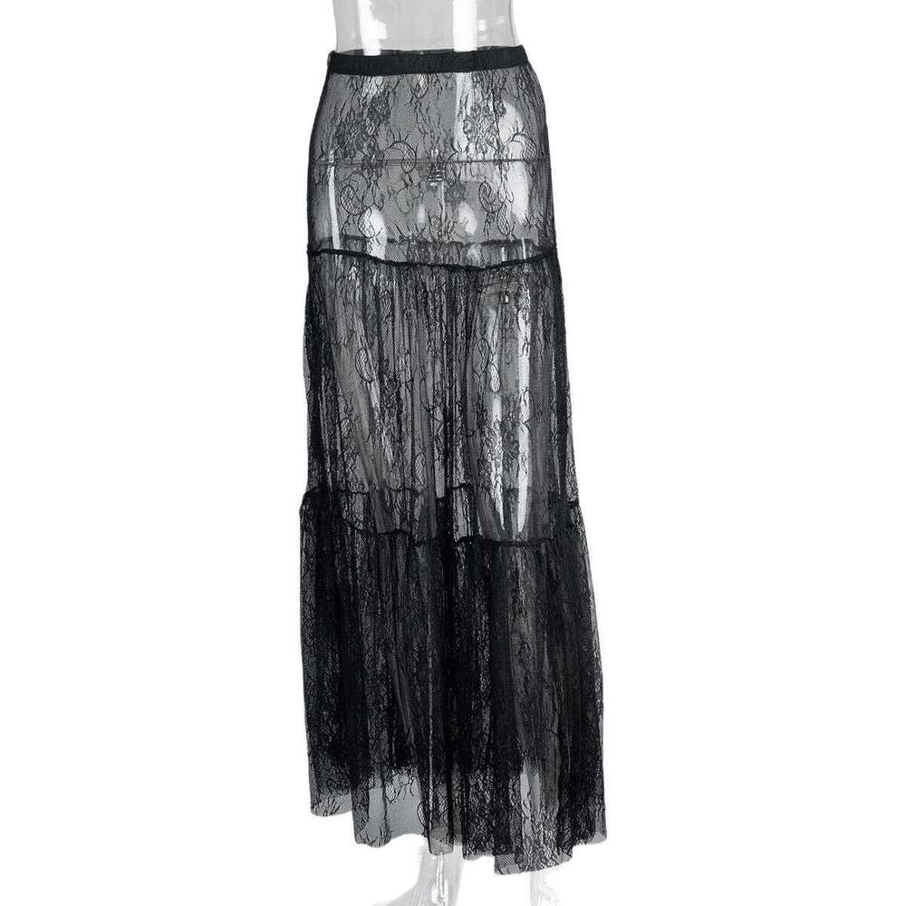 Black Lace Long Summer New Sexy Sheer Niche Elegant Skirt B5