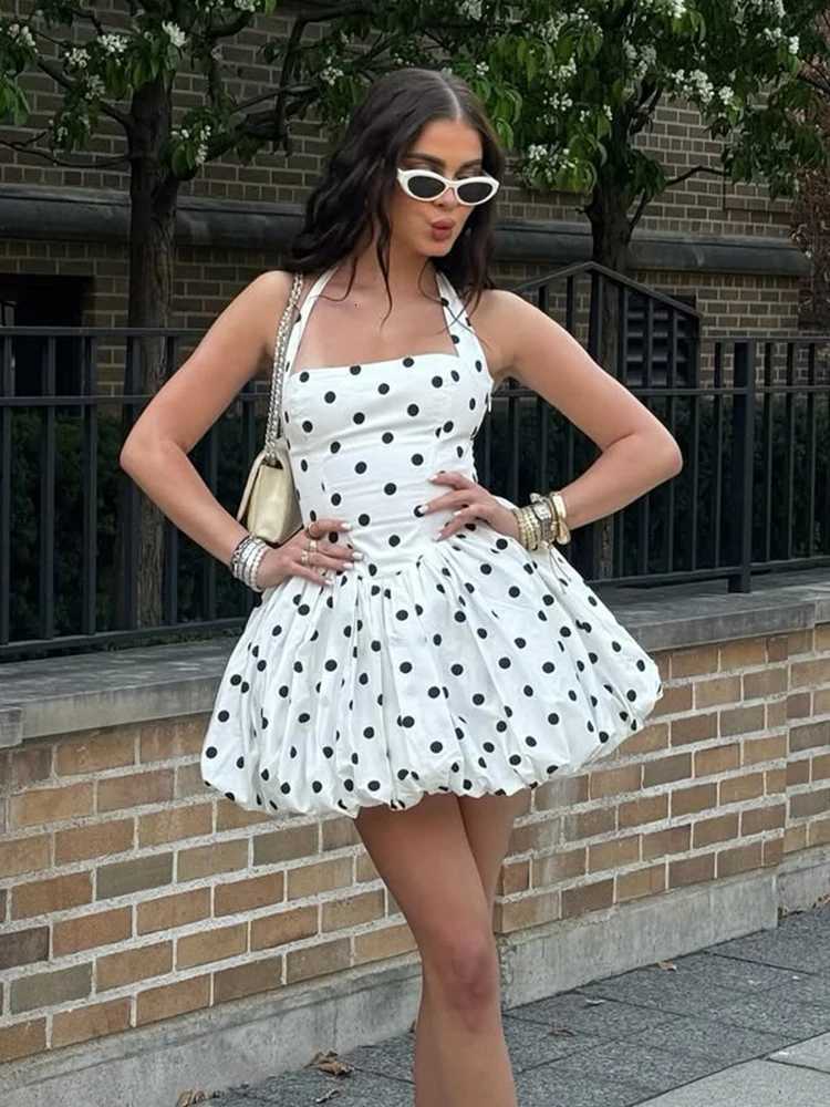 100% Cotton Polka Dot Vacation Mini Dress For Women High Waist A-line Ball Gown Dress Sleeveless Halter Neck Female Summer Fashion R250716