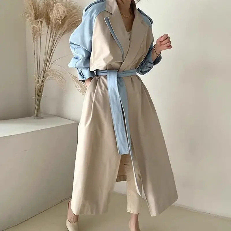 ChicAutumn Korean-Style Long Jacket For Women With Sensibility Blocking Color Waist-Fitted Vintage Lapel 250715