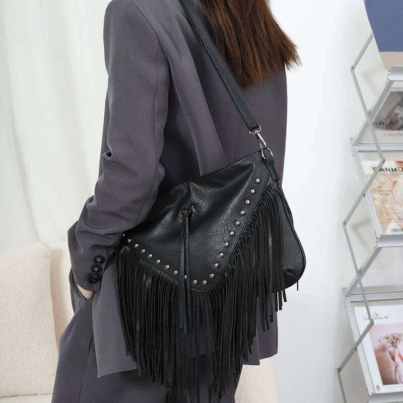 Soft Leather Trendy Casual Rivet Tassel Single Shoulder Crossbody Women's Large Bag