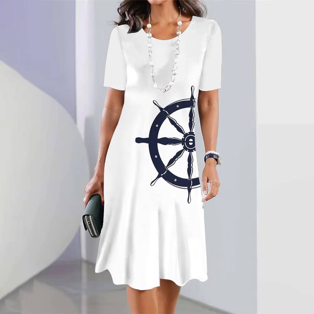 2024 New Womens Anchor Print Vacation Midi Female Elegant Dresses Summer Short Sleeve Dress Fashion Oversized dongdumaoyi