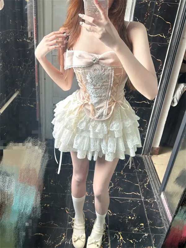 Fashion Sweet Pink Bow Slim Fit Camisole Vest+ Y2k Grungehigh Waist Ruched Lace Cake Skirts 2025 Summer New Two Piece Sets R250716
