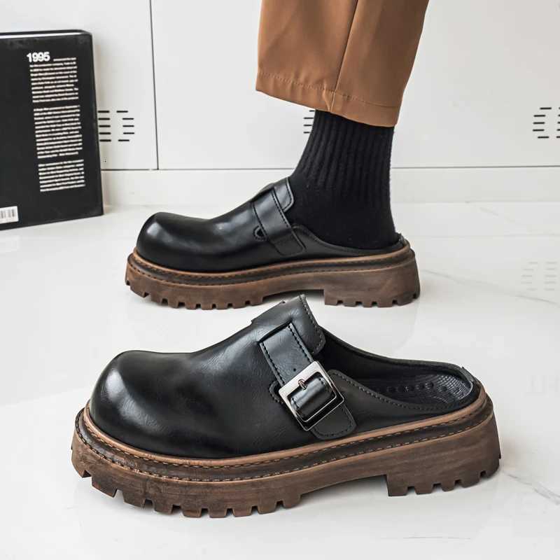 Thick Bottom Mules Men Half Shoes For Man Platform Leather Mens Semi-Drag Casual Shoes Backless Loafers Slippers Male Slides W250716