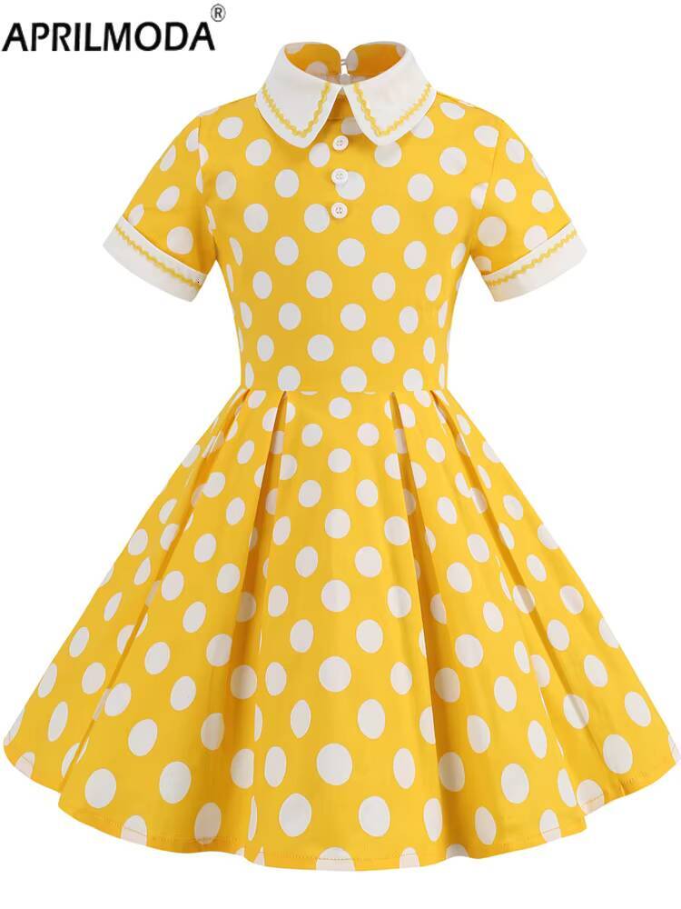 Hepburn Style 50s Vintage Childs Casual Dot Print Cosplay Costume Party Little Girls Midi 60s Elegant Pleated Dress dongdumaoyi
