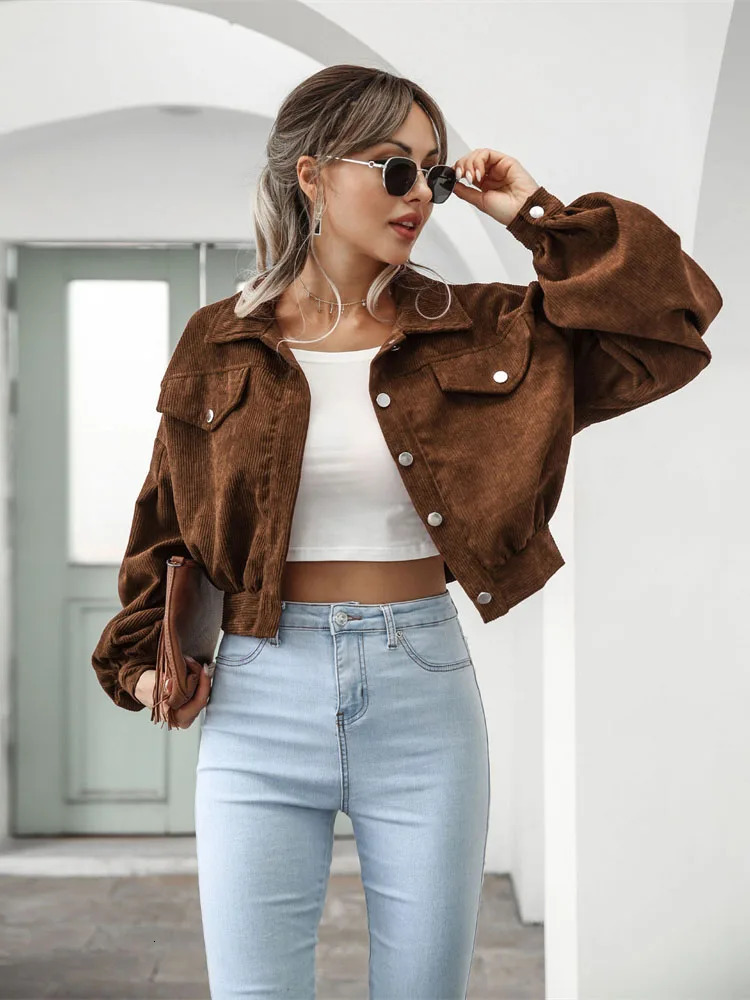Corduroy Short Jacket Women Loose Tops Spring Autumn Turndown Collar Lantern Sleeve Casual Coat Lady Streetwear Outerwear 250715
