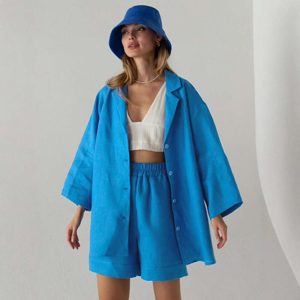 Pure Cotton Shorts For Women Summer Turn-Down Collar Loose Single-Breasted Shirt + High-Waisted Straight-Leg Pants Two-Piece Set B5