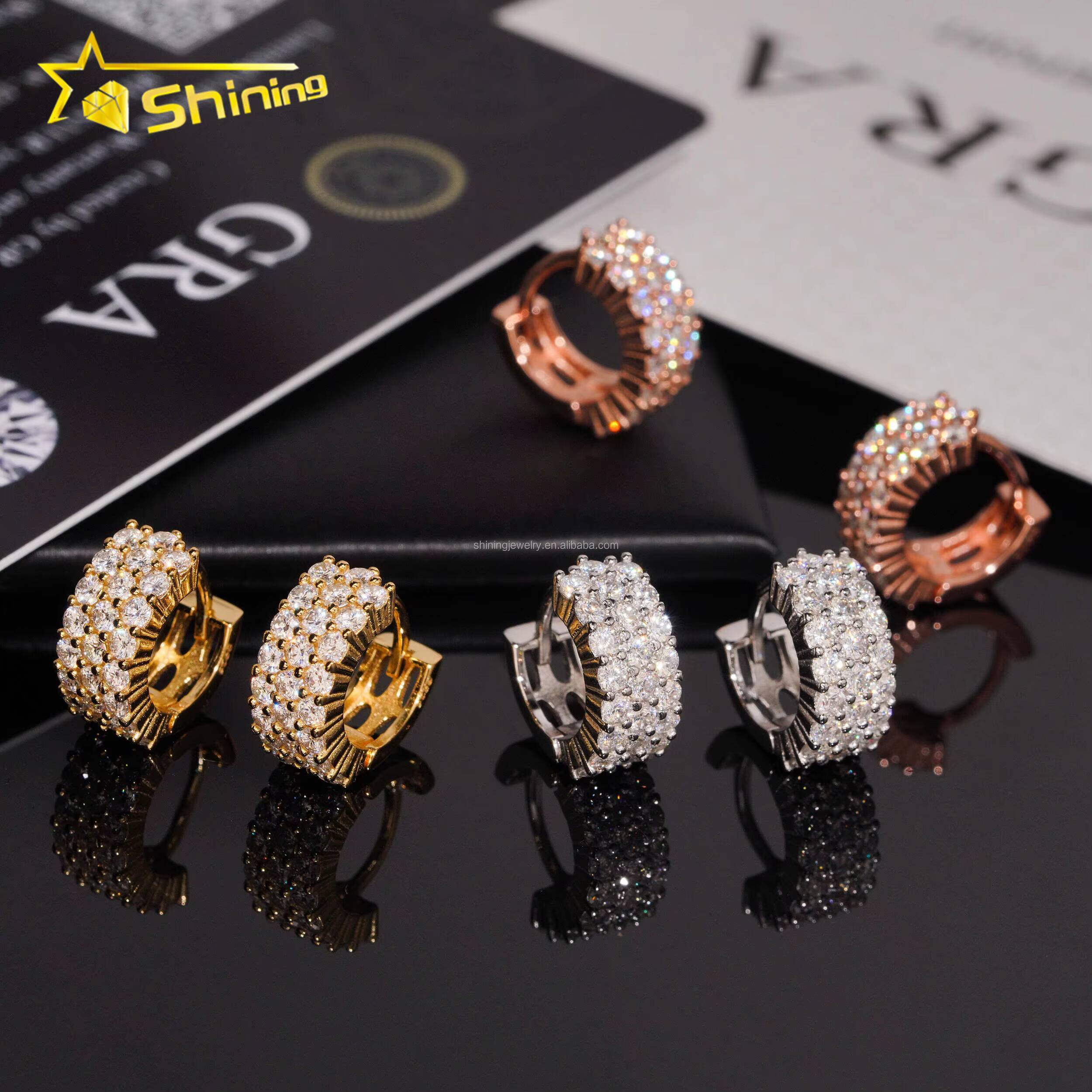 Fashion Rapper Jewelry 3Rows Vvs Moissanite Diamond Hoop Earrings Unisex Hip Hop Iced Out 925 Silver Moissanite Hoop Earrings