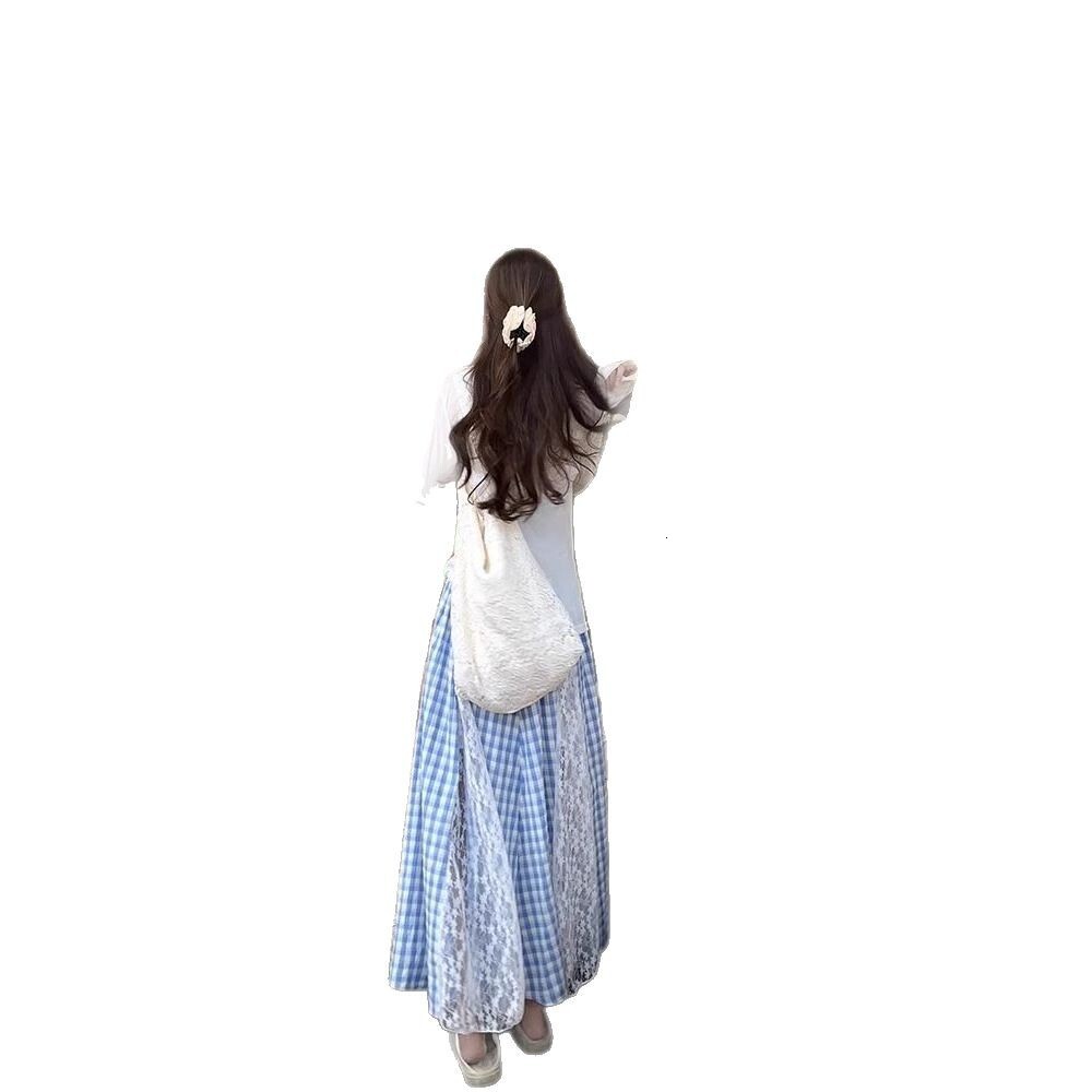 2025 Plaid Patchwork Lace Midi Skirt for Women Spring Korean Style Elegant Slimming Design A-line Long