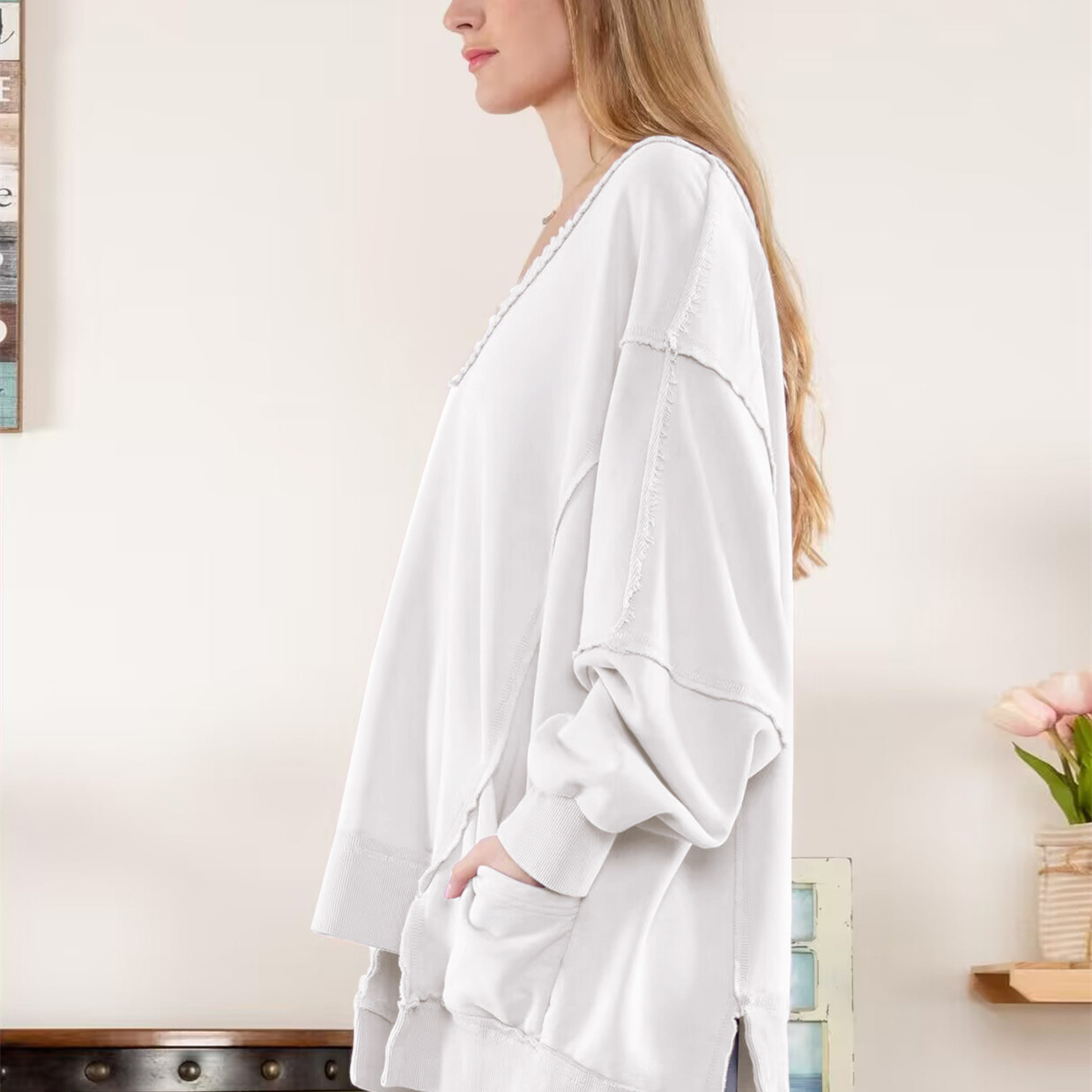 hot Free shipping designer hoodie for women Lantern sleeves loose V neck irregular hem design long sleeved hoodie