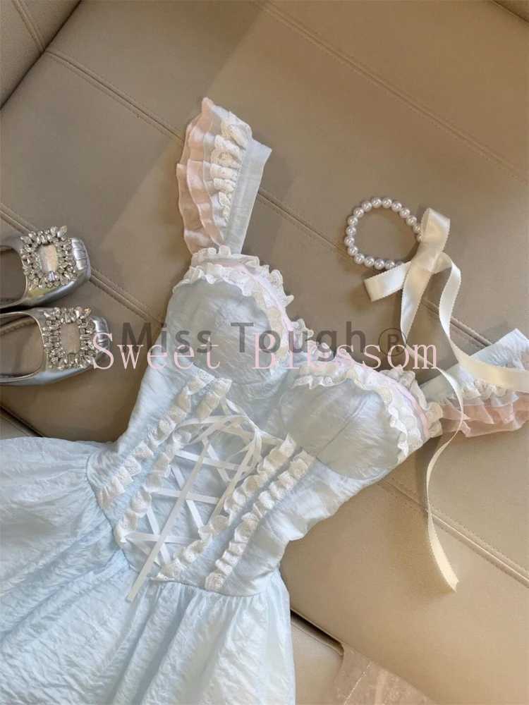 Korean Sweet Lace Stitching Fit Chic Dress Women New Harajuku Kawaii Fairy Slim Summer Dresses Aesthetic Fashion Lovely Outfit R250716