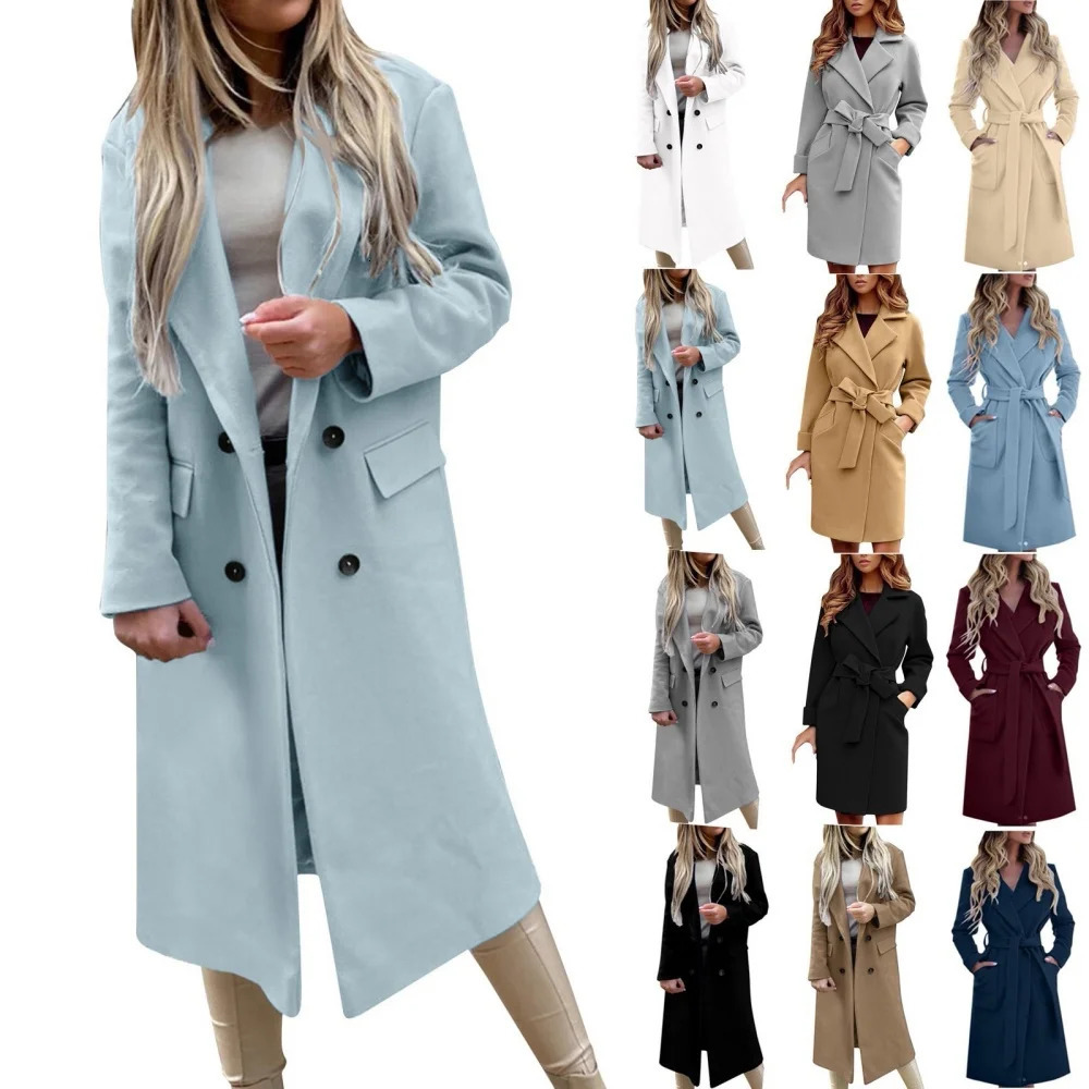 Womens Autumn And Winter Coat Solid Color Fashion Slim-fit Belt Lapel Woolen Pocketed Shacket Flannel Jacket Oversized Outwear 250715