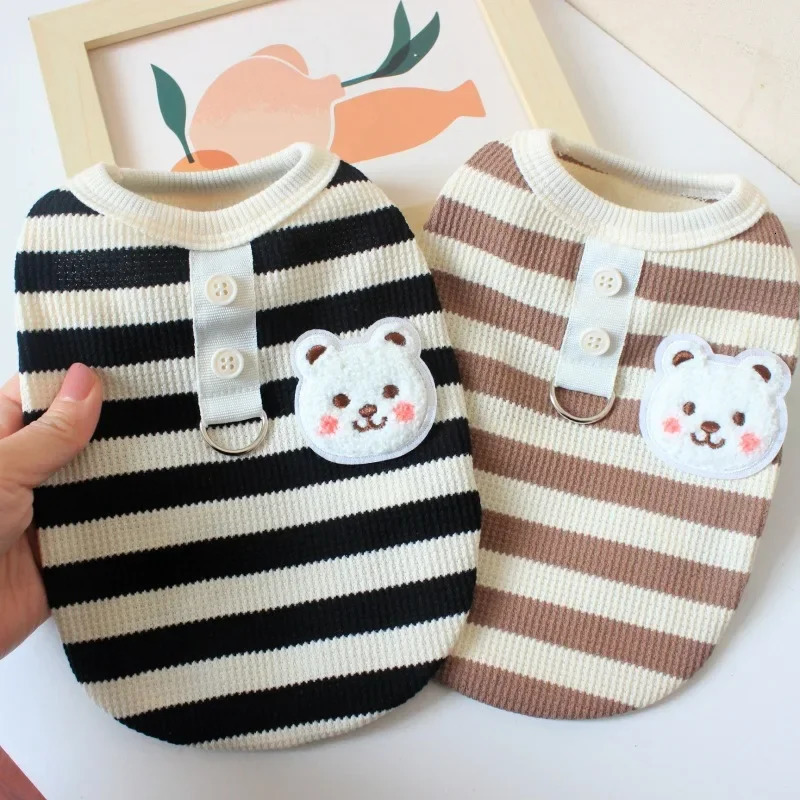 Pets Cat and Dog Clothes Waffle Grid Vest for SpringSummer Striped TShirt with Leash Small Dogs Summer Outfit 250711