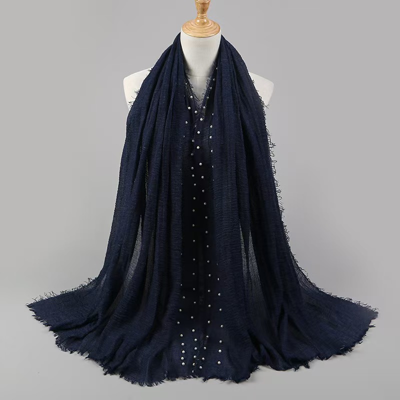 T1228 solid color fur edge cotton yarn pearl accessories headscarf cotton linen wrinkled monochrome women's scarf