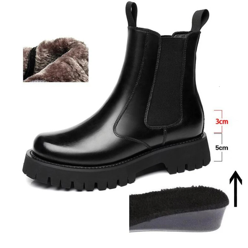 Winter Men Chelsea Rubber Boot Invisible Heel Men Lifted Boots Men Leather Platform Boots Height Increasing 250715