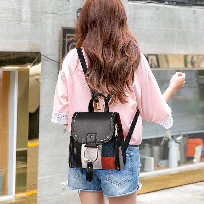 Splicing For Women PU Leather Plaid Multi-Function Knapsack Teenager School Bag Leisure Lock Backpack mochila