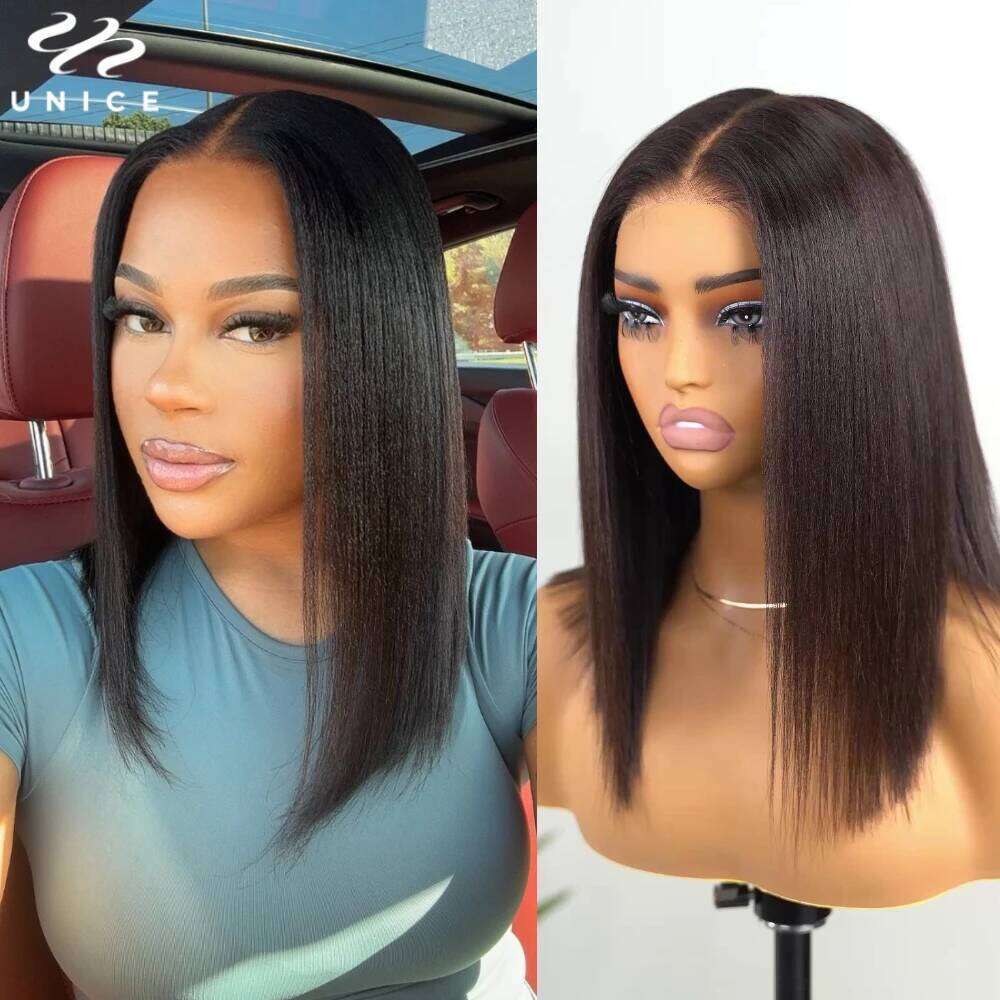 UNice Yaki Straight Bob 7x5/13x4 Cut Bleached Pre Plucked Human Hair Lace Front Wig 150% Density