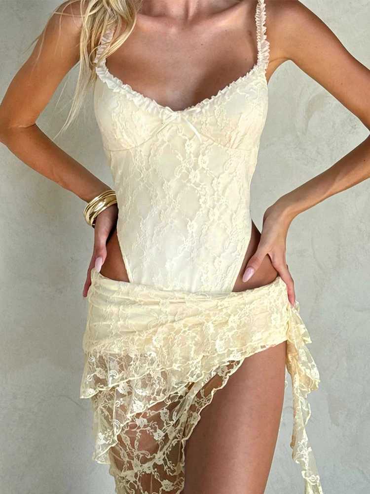 2 Piece Women Low-Neck Sleeveless Bodysuits+Ruched See Through Tassel Skirts Elegant Jacquard Weird Puss Beach Party Trend Suits R250716