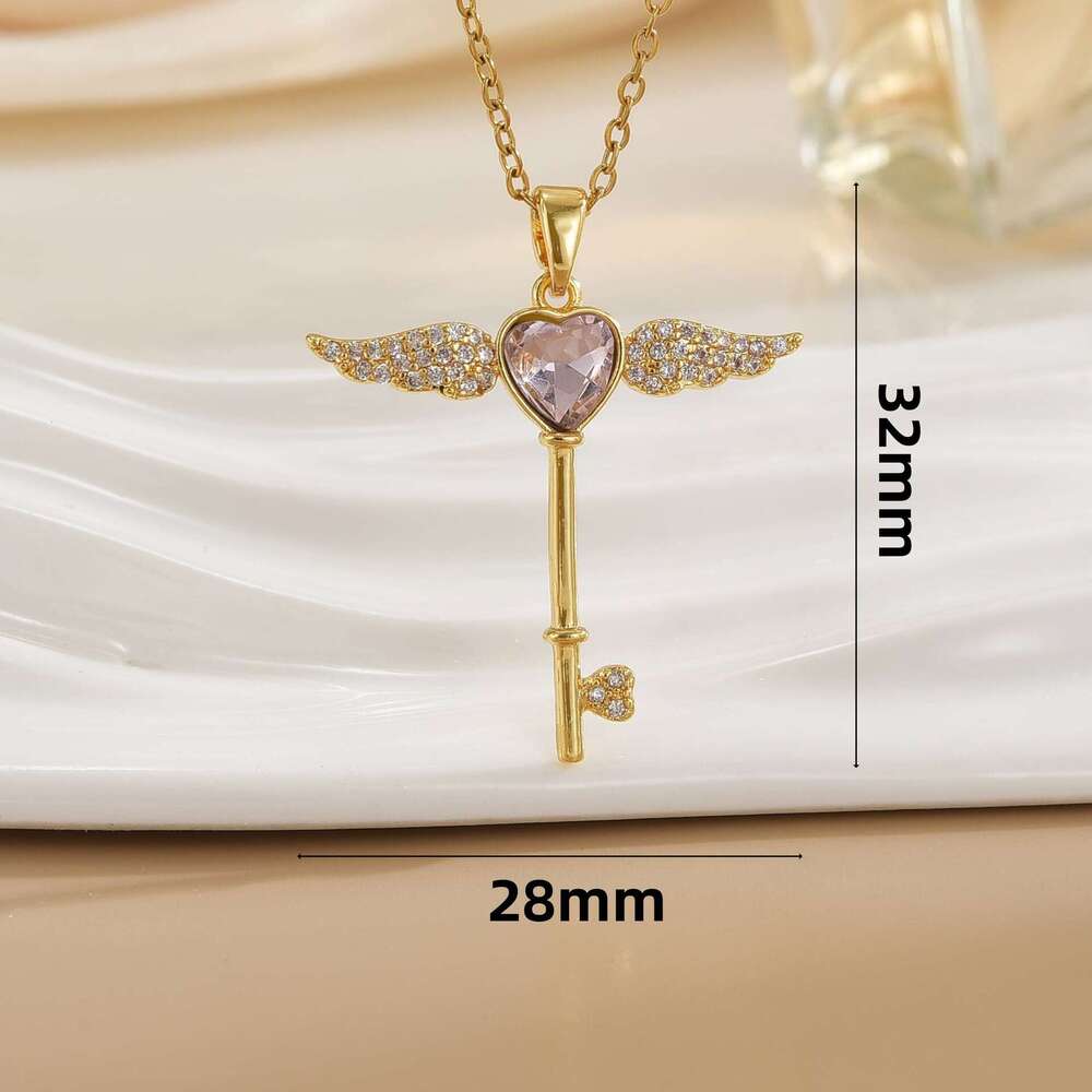 Cute Wing Key Necklace Jewelry With Zirconia, Simple Versatile Collarbone Chain For Women, Non-Fading New Style C7a